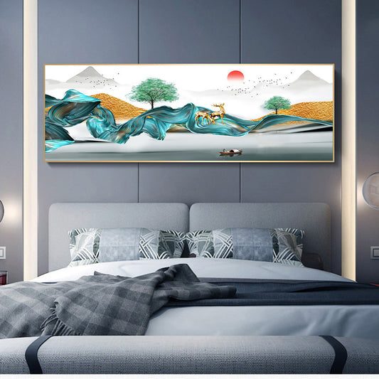 Abstract Green Line Sunrise Landscape Art Poster And Print Canvas Painting