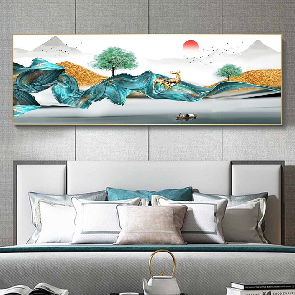 Abstract Green Line Sunrise Landscape Art Poster And Print Canvas Painting