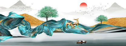 Abstract Green Line Sunrise Landscape Art Poster And Print Canvas Painting