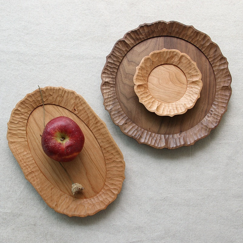 Rain Wood Japanese Hand-made Lace Tea Tray Whole Wood Handmade Carved Tray And Dinner Plate