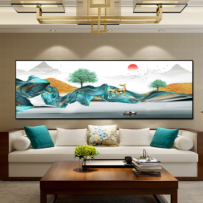 Abstract Green Line Sunrise Landscape Art Poster And Print Canvas Painting